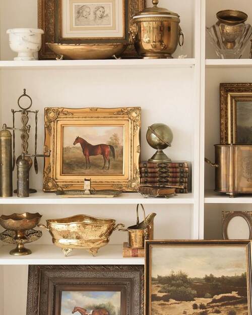 vintage decor books ideas with gold and brass