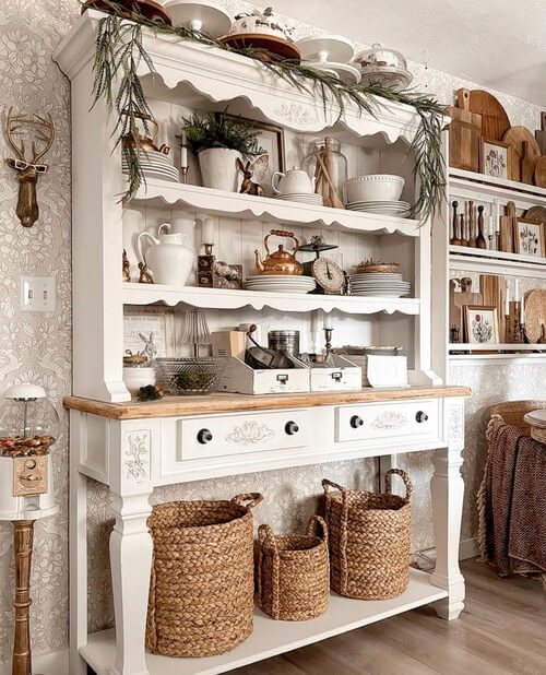 farmhouse white shelf and kitchenware
