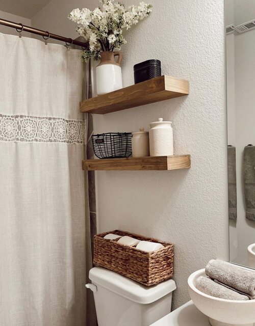 small bathroom decor ideas on a budget with  DIY shelves
