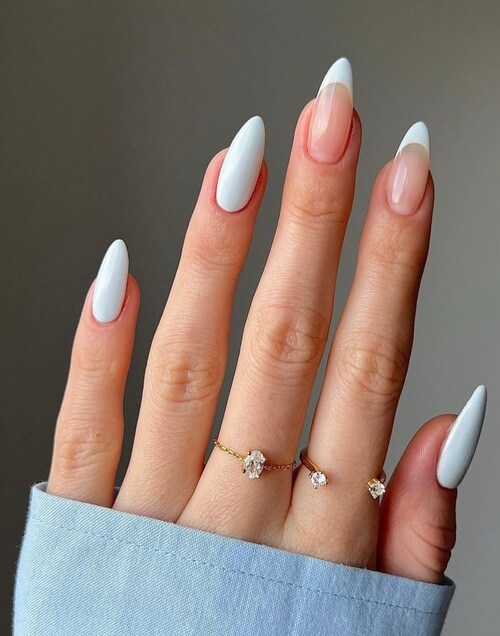 White blue French tips with almond shapes