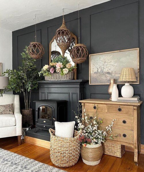 fall mantel decorating ideas with rattan decorative ornaments