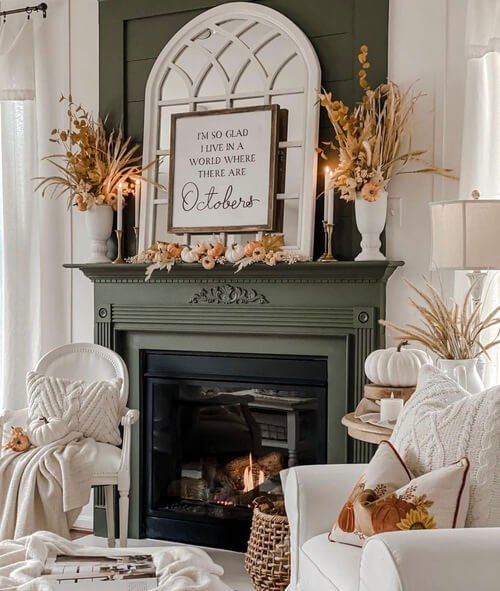 fall mantel decorating ideas with a framed quote